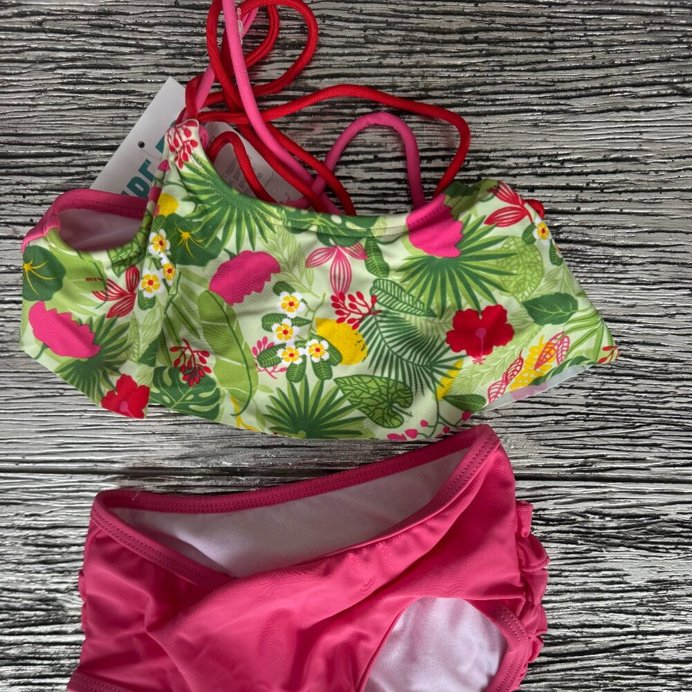 Girls Tropical Print Bikini Set – Pink & Green (NEW -tag on)